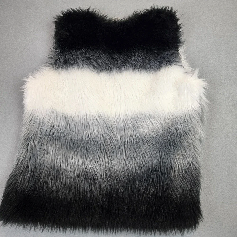 Colorblock Open Front Boho Faux Fur Vest Black Gray White Petite 12P